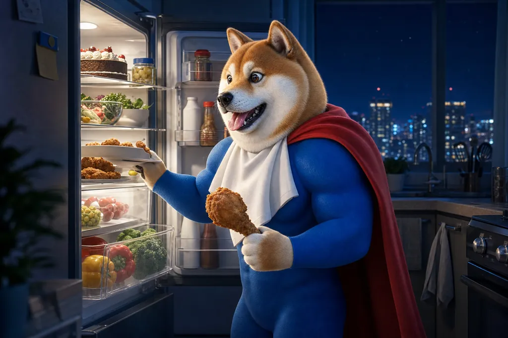 The shiba at the open fridge at midnight with a drumstick