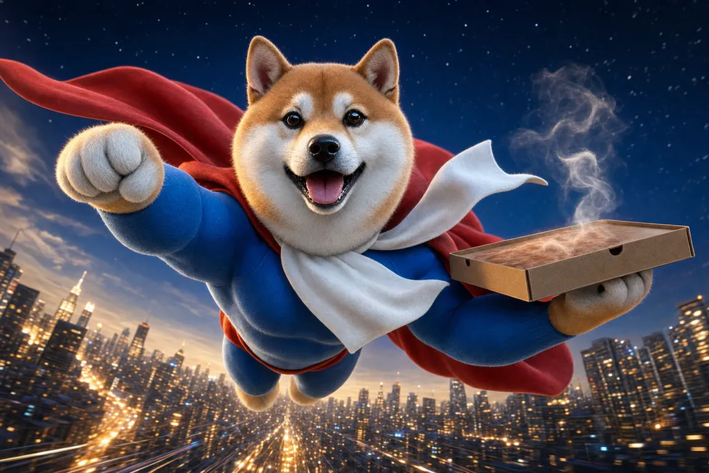 The shiba flying over the city holding a pizza box